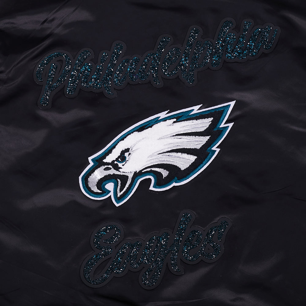 NFL PHILADELPHIA EAGLES TEAM CRYSTALLINE WOMEN'S SATIN JACKET (BLACK)