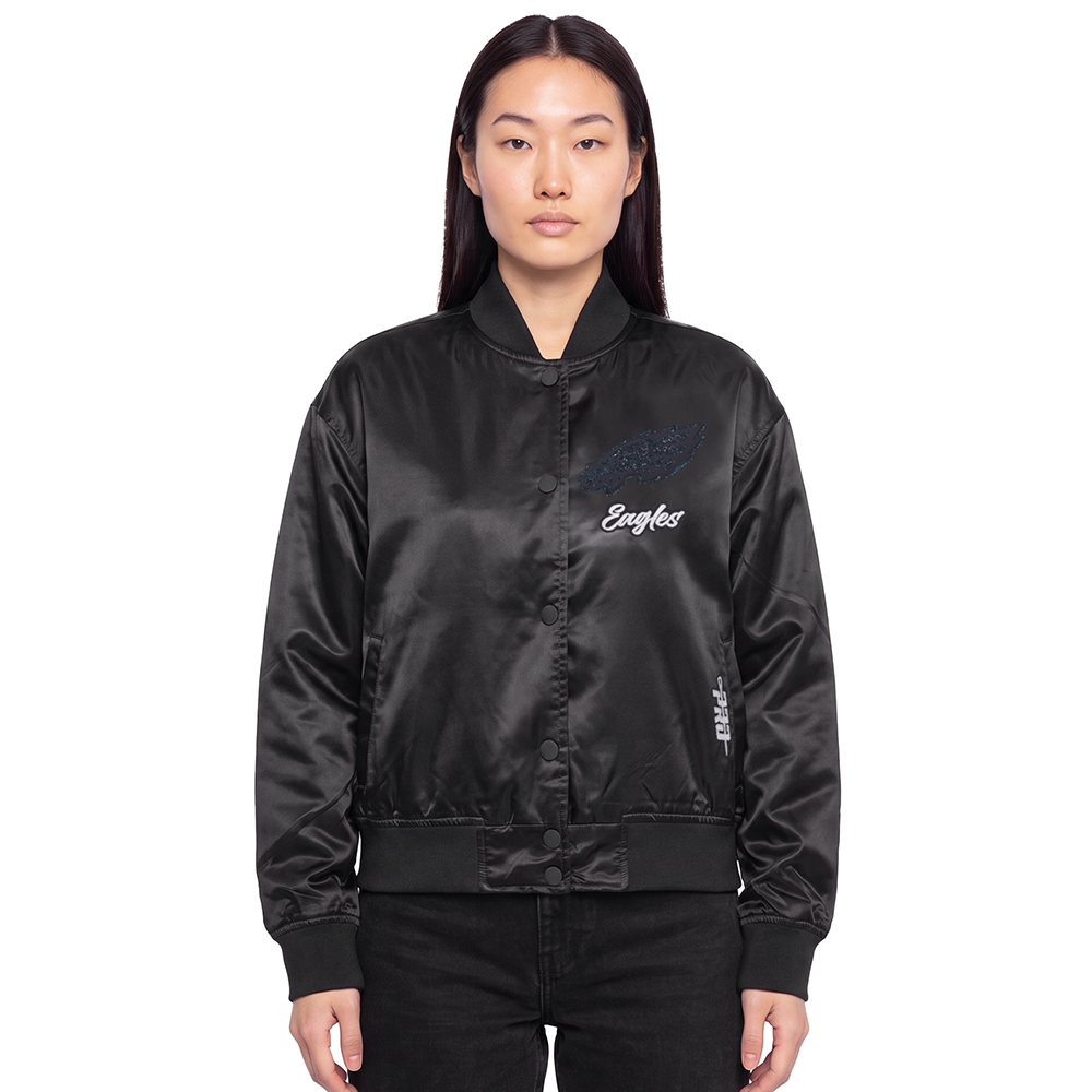 NFL PHILADELPHIA EAGLES TEAM CRYSTALLINE WOMEN'S SATIN JACKET (BLACK)