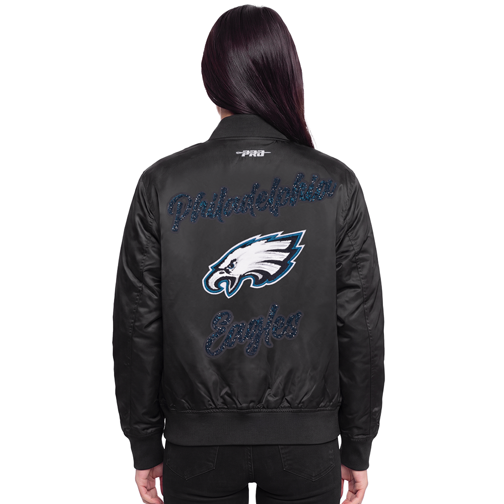 NFL PHILADELPHIA EAGLES TEAM CRYSTALLINE WOMEN'S SATIN JACKET (BLACK)