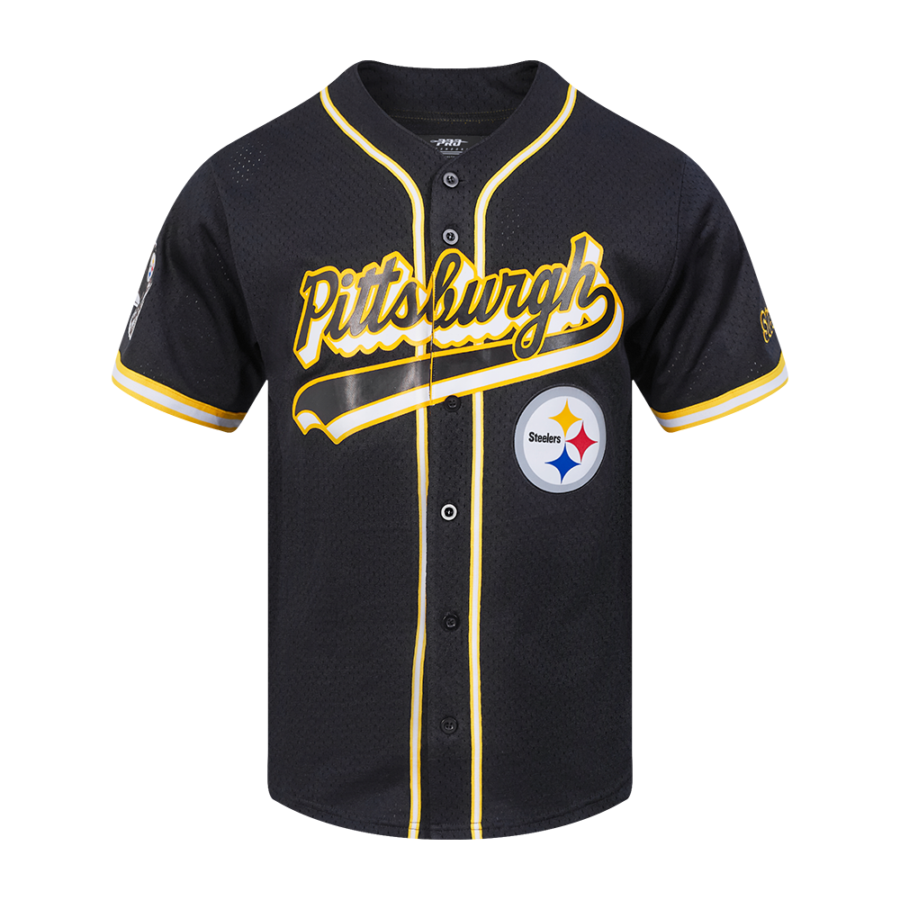 NFL PITTSBURGH STEELERS SCRIPT TAIL MEN'S MESH BUTTON DOWN SHIRT (BLACK/YELLOW)