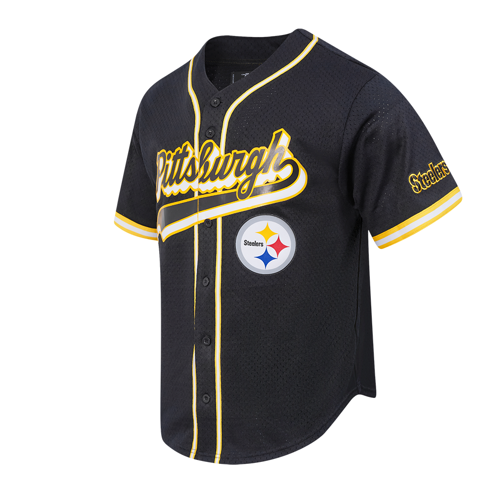 NFL PITTSBURGH STEELERS SCRIPT TAIL MEN'S MESH BUTTON DOWN SHIRT (BLACK/YELLOW)