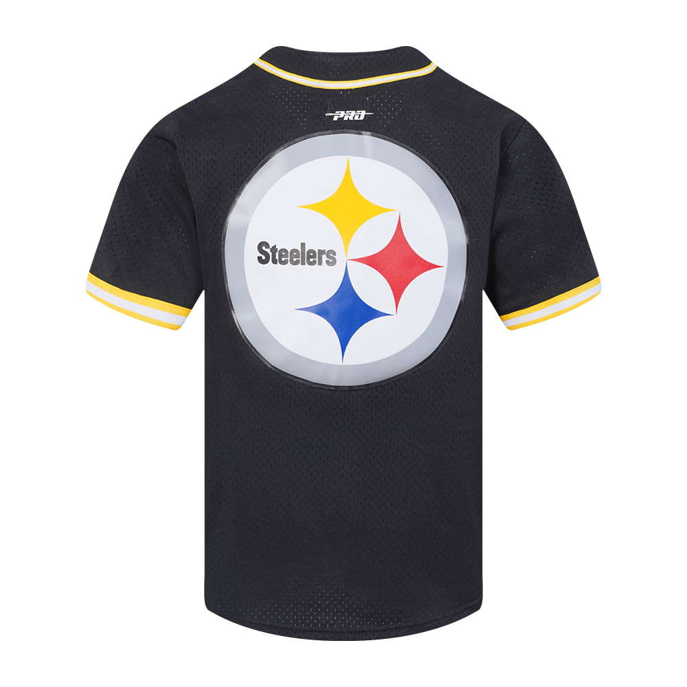 NFL PITTSBURGH STEELERS SCRIPT TAIL MEN'S MESH BUTTON DOWN SHIRT (BLACK/YELLOW)