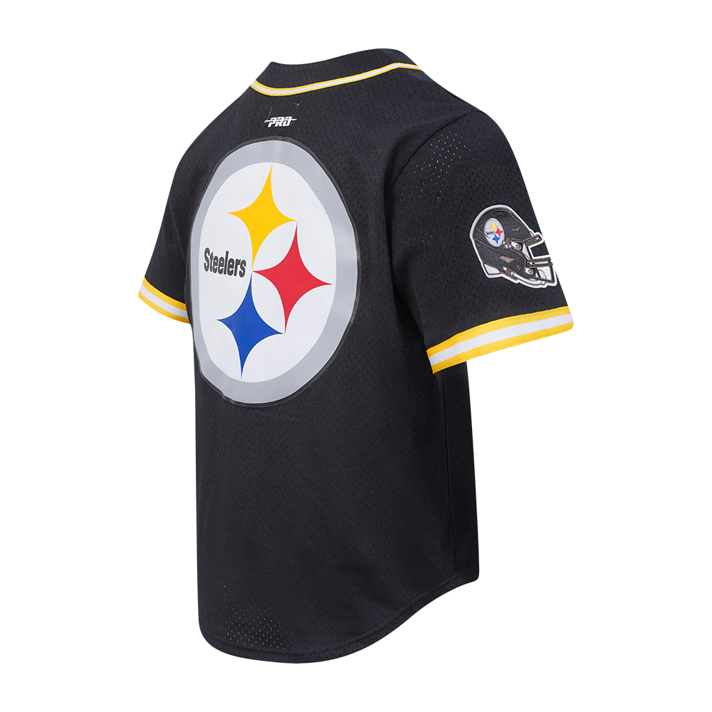 NFL PITTSBURGH STEELERS SCRIPT TAIL MEN'S MESH BUTTON DOWN SHIRT (BLACK/YELLOW)