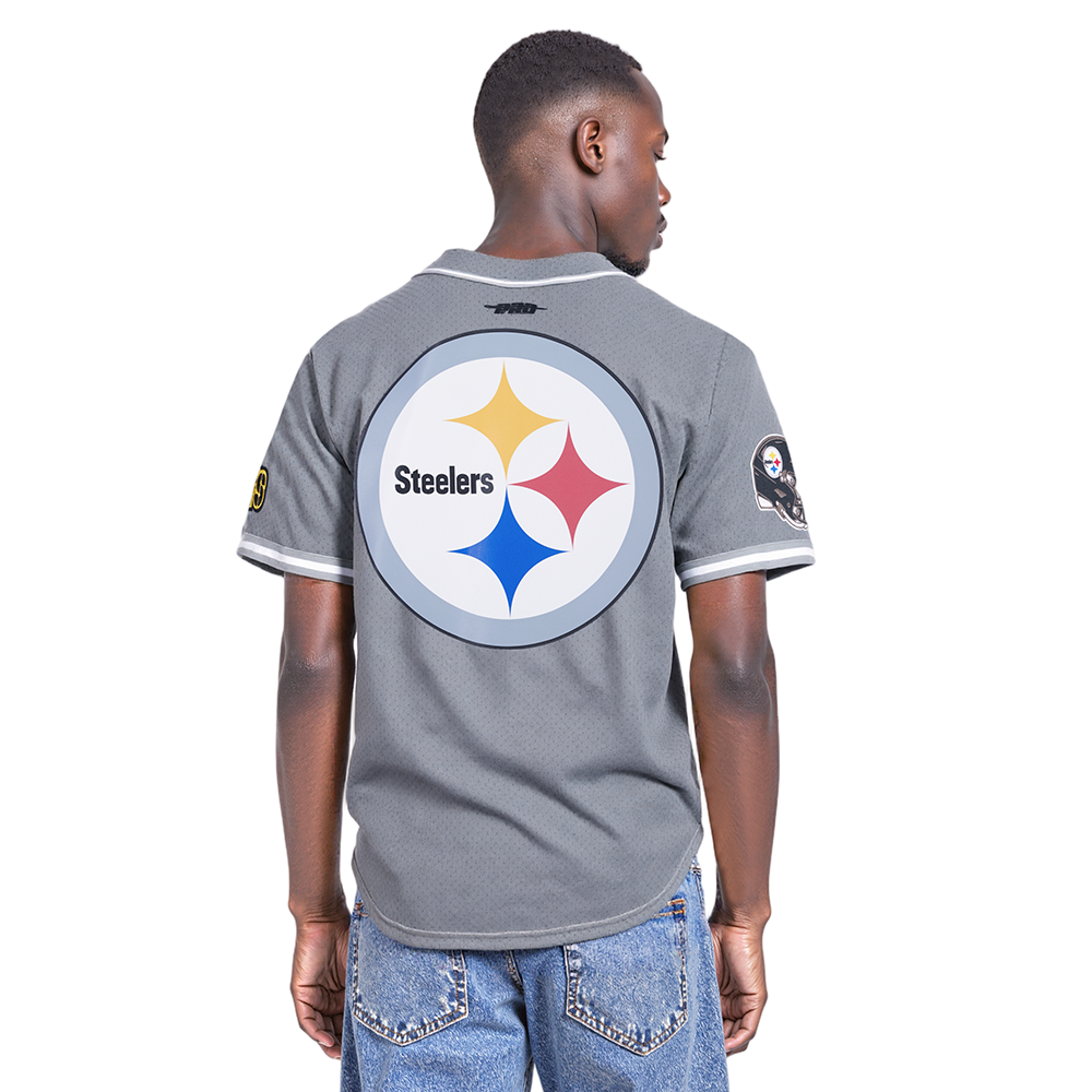 NFL PITTSBURGH STEELERS SCRIPT TAIL MEN'S MESH BUTTON DOWN SHIRT (GRAY)