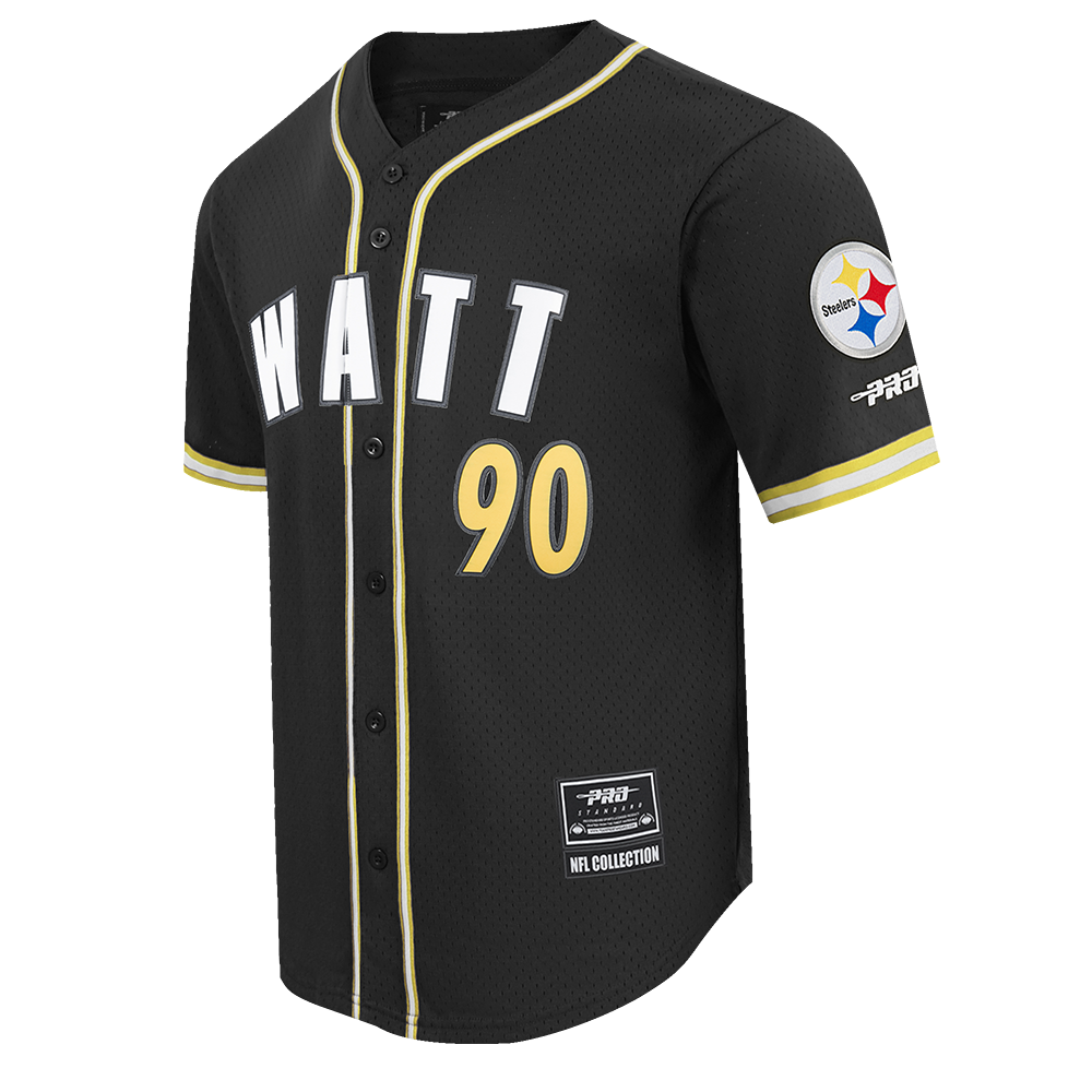 NFL PITTSBURGH STEELERS T.J. WATT #90 CLASSIC MESH PNN MEN'S MESH BUTTON DOWN SHIRT (BLACK/YELLOW)