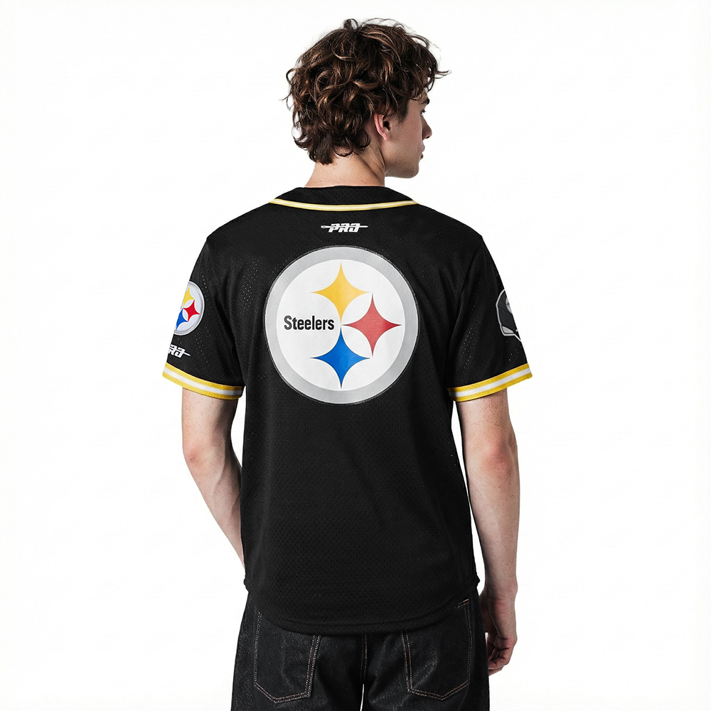 NFL PITTSBURGH STEELERS T.J. WATT #90 CLASSIC MESH PNN MEN'S MESH BUTTON DOWN SHIRT (BLACK/YELLOW)