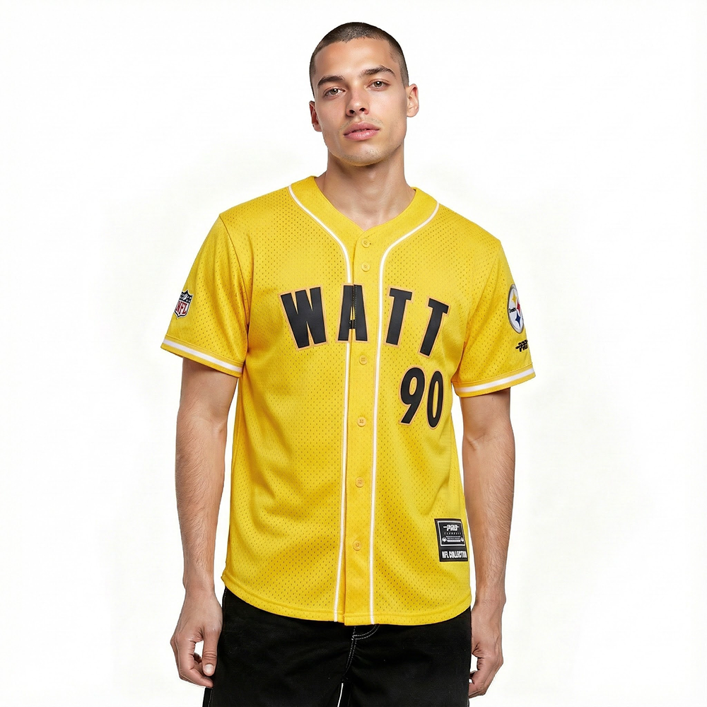 NFL PITTSBURGH STEELERS T.J. WATT #90 CLASSIC MESH PNN CHEMISE BOUTONNÉE EN FILET POUR HOMME (JAUNE)