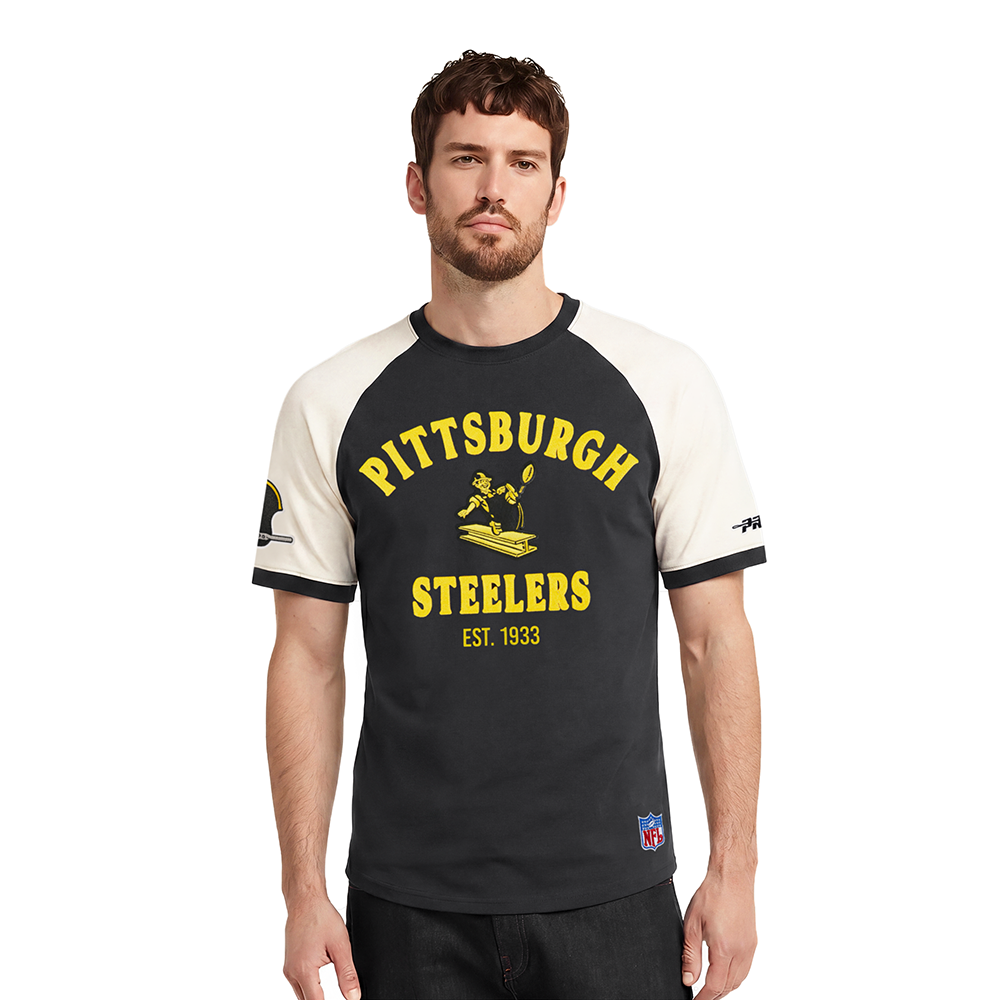 NFL PITTSBURGH STEELERS FIRST TEAM T-SHIRT À MANCHES RAGLAN POUR HOMME (COQUILLE D'ŒUF/NOIR)