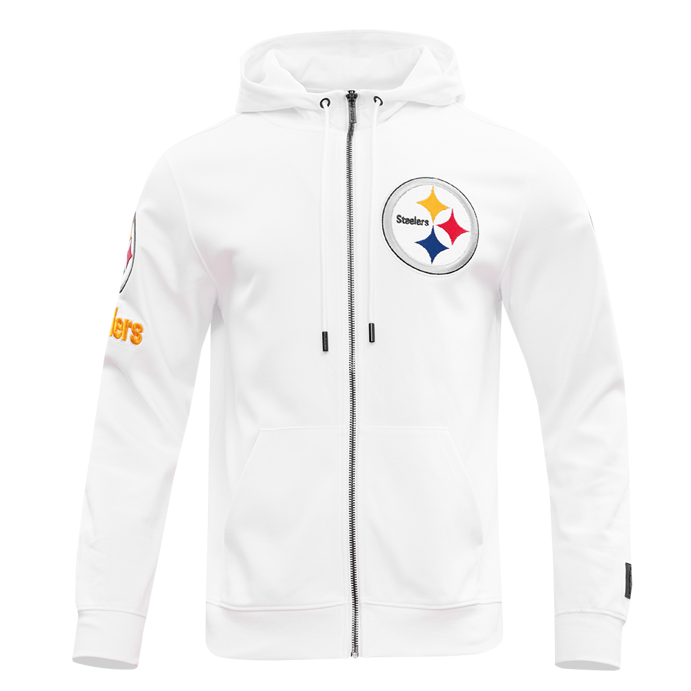 NFL PITTSBURGH STEELERS CLASSIC CHENILLE MEN'S DOUBLE KNIT  FULL ZIP HOODIE (WHITE)