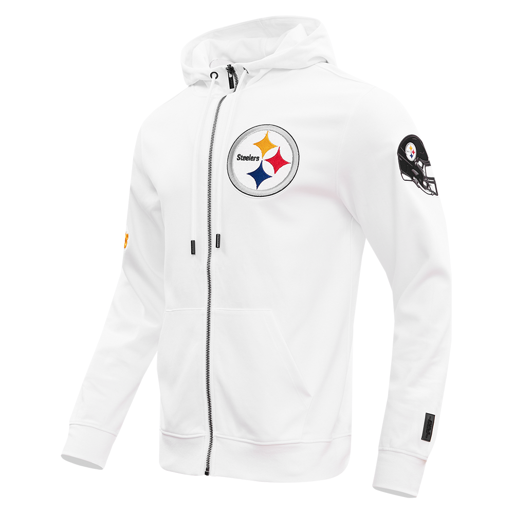NFL PITTSBURGH STEELERS CLASSIC CHENILLE MEN'S DOUBLE KNIT  FULL ZIP HOODIE (WHITE)