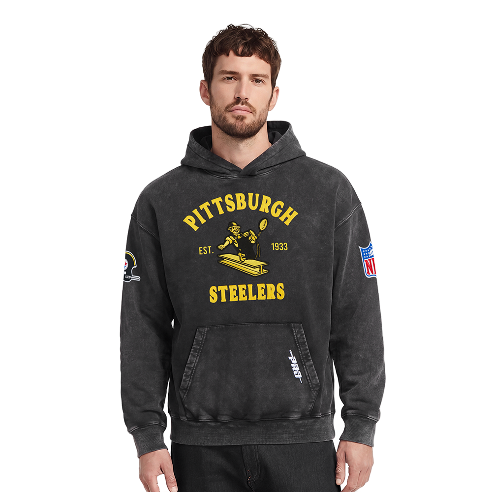 NFL PITTSBURGH STEELERS FIRST TEAM CHANDAIL À CAPUCHON POUR HOMME (NOIR DÉLAVÉ)