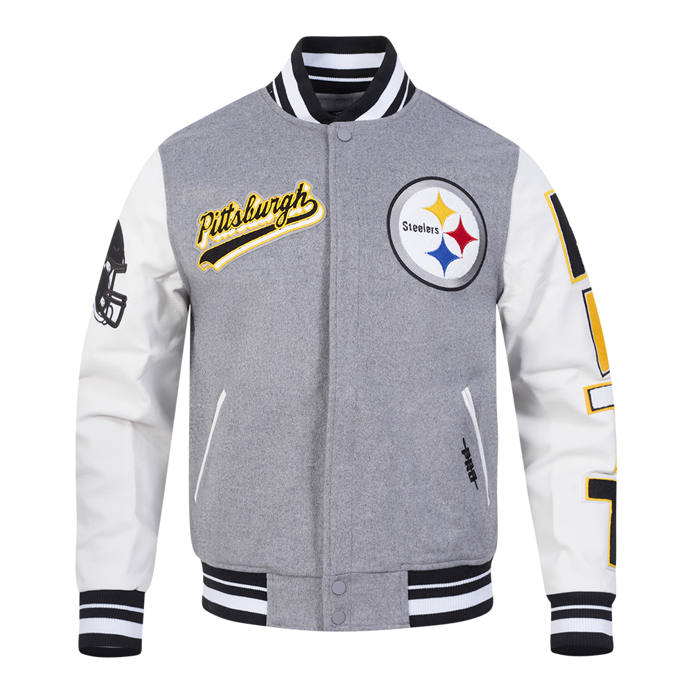 NFL PITTSBURGH STEELERS SCRIPT TAIL MEN'S VARSITY JACKET (HEATHER GREY/WHITE/BLACK)