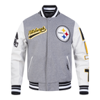 NFL PITTSBURGH STEELERS SCRIPT TAIL MEN'S VARSITY JACKET (HEATHER GREY/WHITE/BLACK)