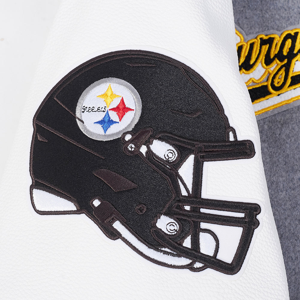 NFL PITTSBURGH STEELERS SCRIPT TAIL MEN'S VARSITY JACKET (HEATHER GREY/WHITE/BLACK)