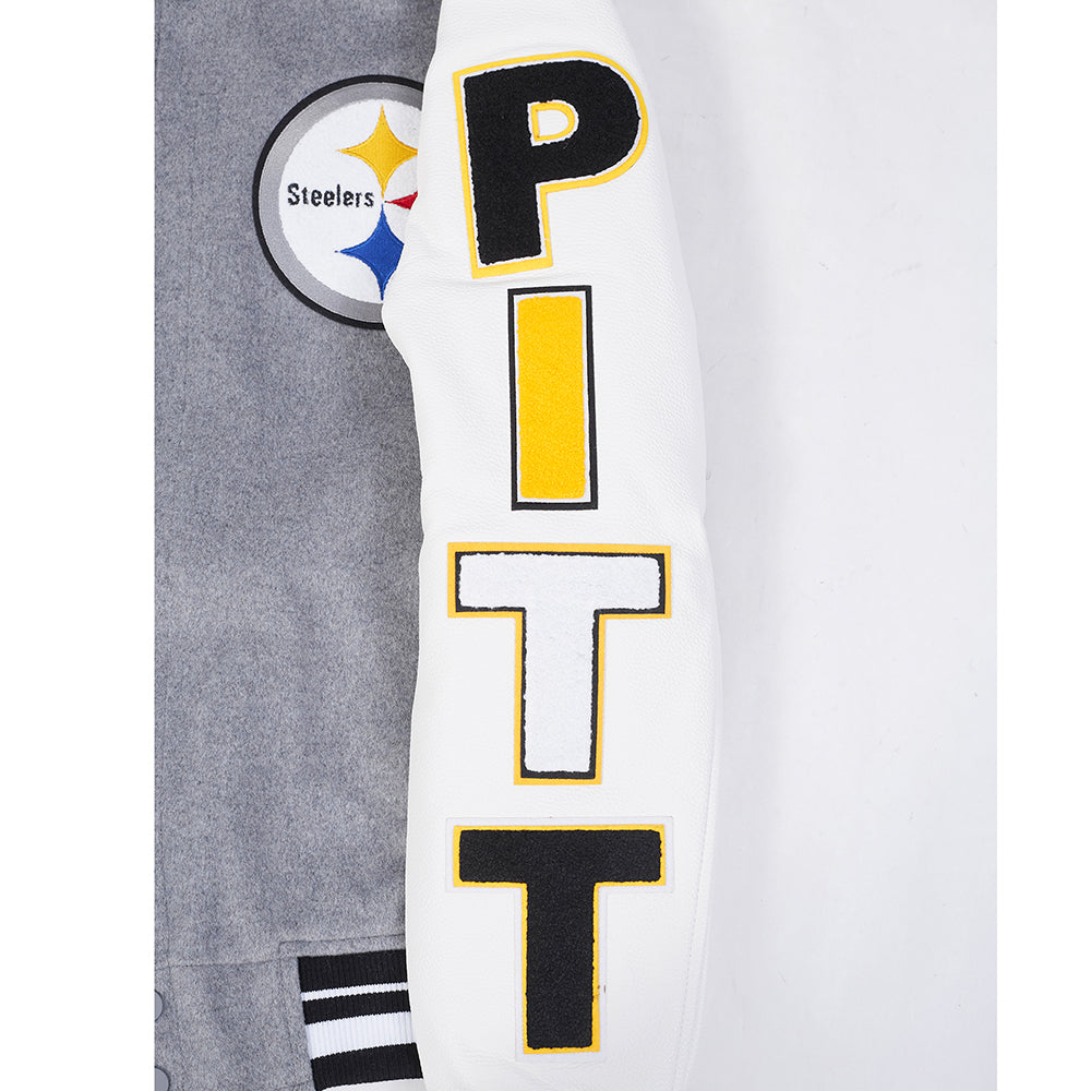 NFL PITTSBURGH STEELERS SCRIPT TAIL MEN'S VARSITY JACKET (HEATHER GREY/WHITE/BLACK)