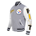 NFL PITTSBURGH STEELERS SCRIPT TAIL MEN'S VARSITY JACKET (HEATHER GREY/WHITE/BLACK)