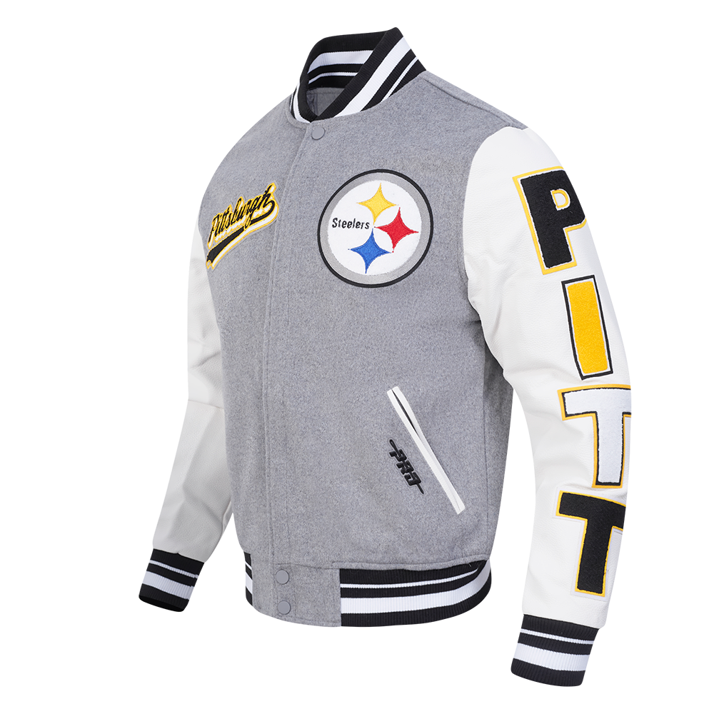 NFL PITTSBURGH STEELERS SCRIPT TAIL MEN'S VARSITY JACKET (HEATHER GREY/WHITE/BLACK)