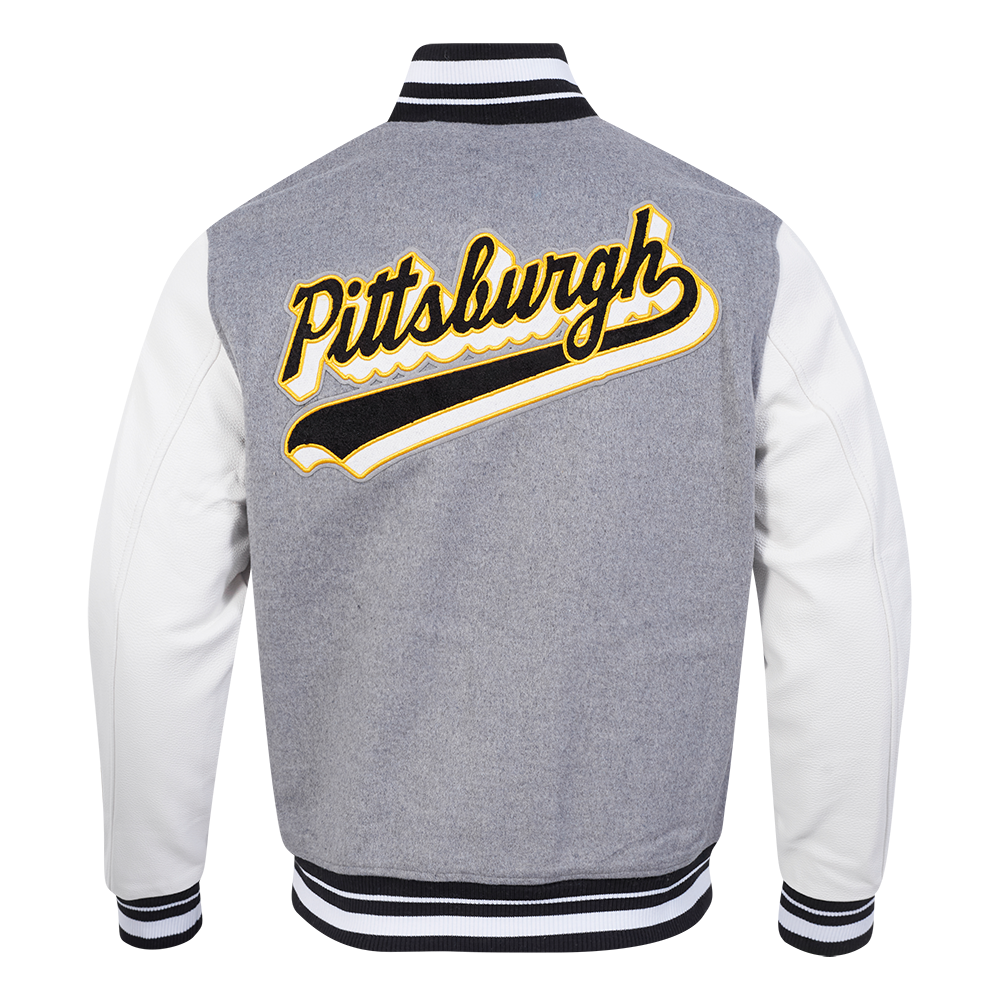 NFL PITTSBURGH STEELERS SCRIPT TAIL MEN'S VARSITY JACKET (HEATHER GREY/WHITE/BLACK)