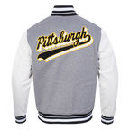 NFL PITTSBURGH STEELERS SCRIPT TAIL MEN'S VARSITY JACKET (HEATHER GREY/WHITE/BLACK)