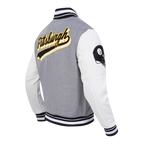 NFL PITTSBURGH STEELERS SCRIPT TAIL MEN'S VARSITY JACKET (HEATHER GREY/WHITE/BLACK)