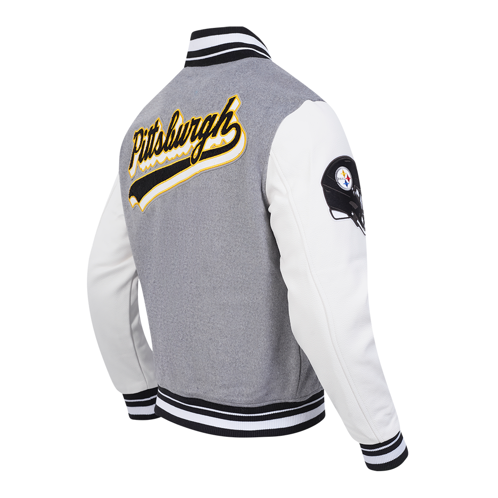 NFL PITTSBURGH STEELERS SCRIPT TAIL MEN'S VARSITY JACKET (HEATHER GREY/WHITE/BLACK)