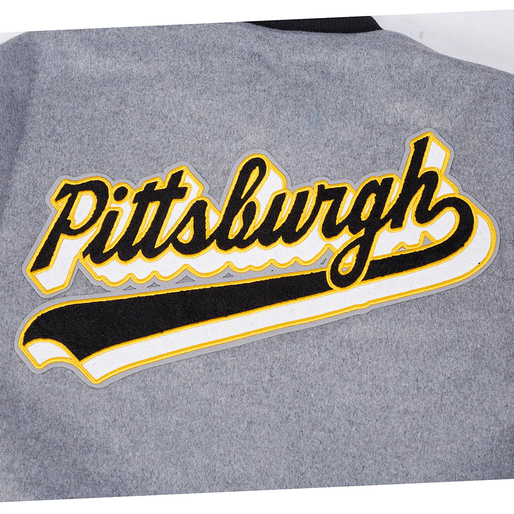 NFL PITTSBURGH STEELERS SCRIPT TAIL MEN'S VARSITY JACKET (HEATHER GREY/WHITE/BLACK)