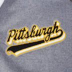 NFL PITTSBURGH STEELERS SCRIPT TAIL MEN'S VARSITY JACKET (HEATHER GREY/WHITE/BLACK)