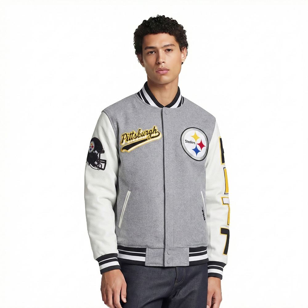 NFL PITTSBURGH STEELERS SCRIPT TAIL BLOUSON COLLÉGIAL POUR HOMME (GRIS CHINÉ/BLANC/NOIR)