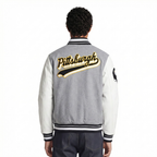 NFL PITTSBURGH STEELERS SCRIPT TAIL MEN'S VARSITY JACKET (HEATHER GREY/WHITE/BLACK)