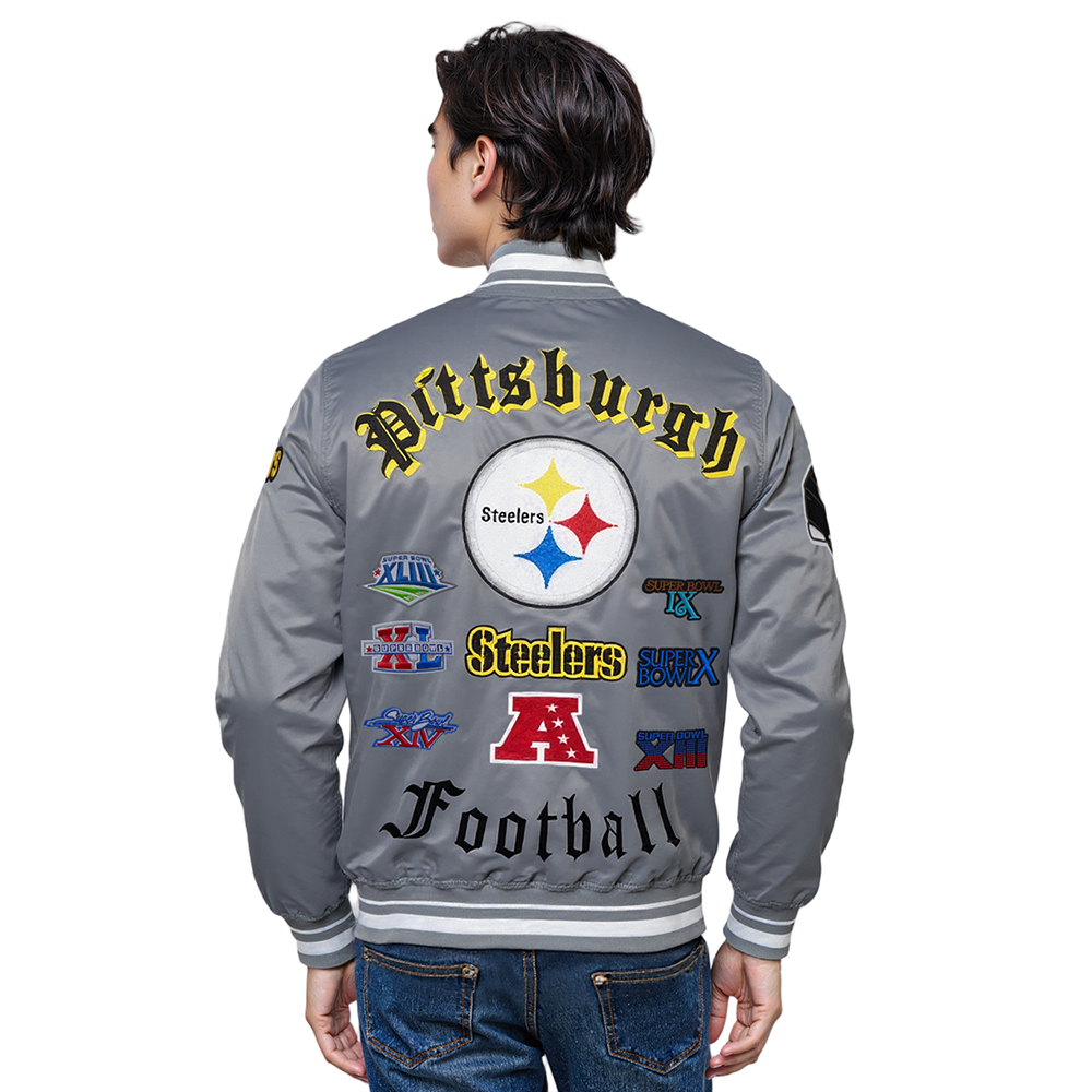 NFL PITTSBURGH STEELERS OLD ENGLISH BLOUSON EN SATIN À BORDS CÔTELÉS POUR HOMME (GRIS)