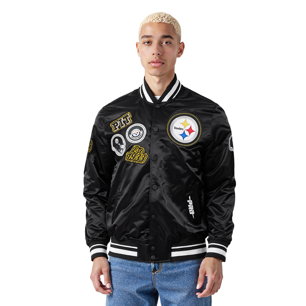 NFL PITTSBURGH STEELERS DIY PICK STITCH MEN'S RIB SATIN JACKET (BLACK)