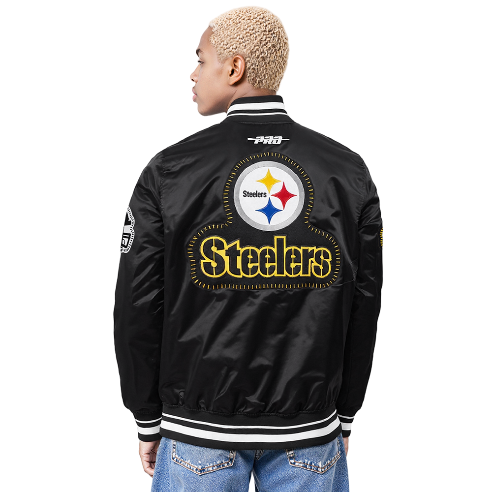 NFL PITTSBURGH STEELERS DIY PICK STITCH MEN'S RIB SATIN JACKET (BLACK)