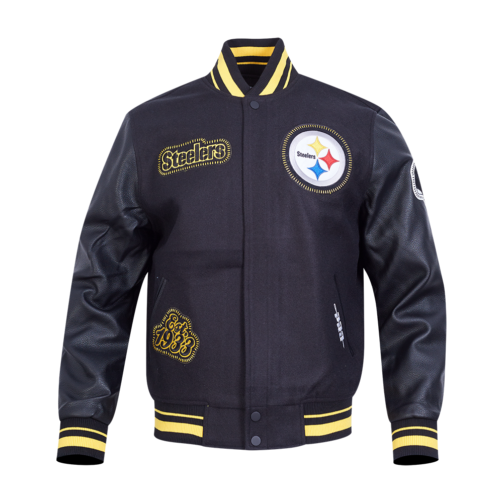 NFL PITTSBURGH STEELERS DIY PICK STITCH BLOUSON COLLÉGIAL POUR HOMME (NOIR/JAUNE)