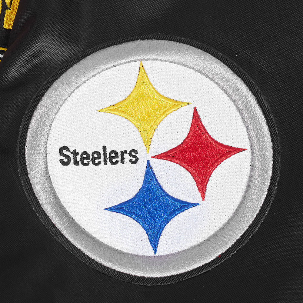 NFL PITTSBURGH STEELERS TEAM BADGE BLOUSON EN SATIN À BORDS CÔTELÉS POUR HOMME (NOIR/JAUNE)