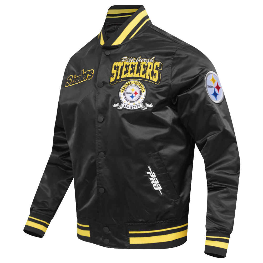 NFL PITTSBURGH STEELERS TEAM BADGE BLOUSON EN SATIN À BORDS CÔTELÉS POUR HOMME (NOIR/JAUNE)