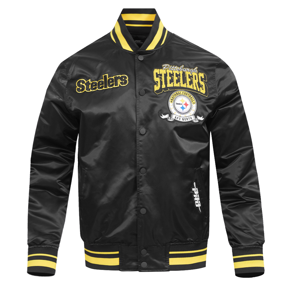 NFL PITTSBURGH STEELERS TEAM BADGE BLOUSON EN SATIN À BORDS CÔTELÉS POUR HOMME (NOIR/JAUNE)