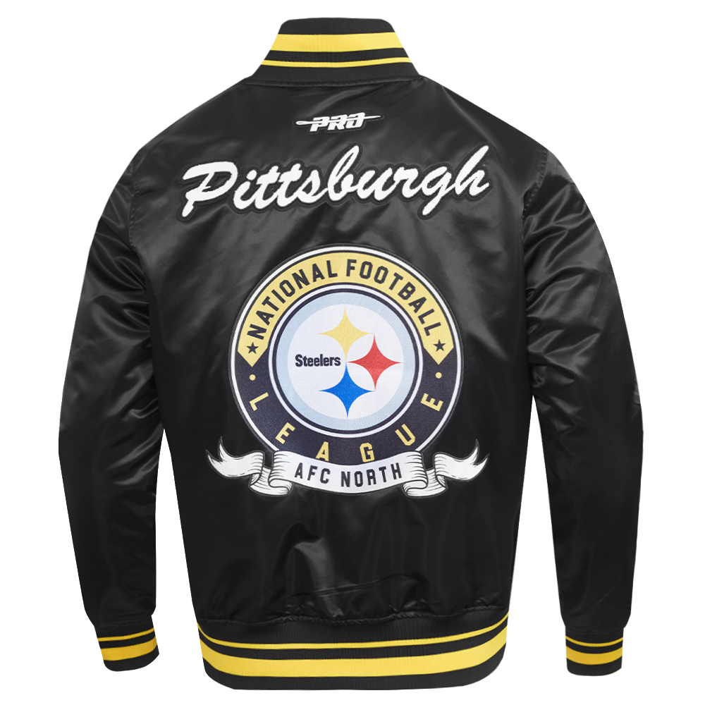 NFL PITTSBURGH STEELERS TEAM BADGE BLOUSON EN SATIN À BORDS CÔTELÉS POUR HOMME (NOIR/JAUNE)
