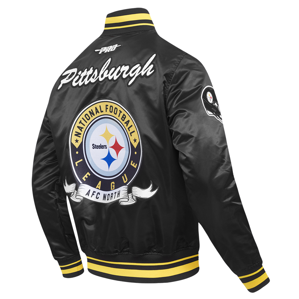 NFL PITTSBURGH STEELERS TEAM BADGE BLOUSON EN SATIN À BORDS CÔTELÉS POUR HOMME (NOIR/JAUNE)