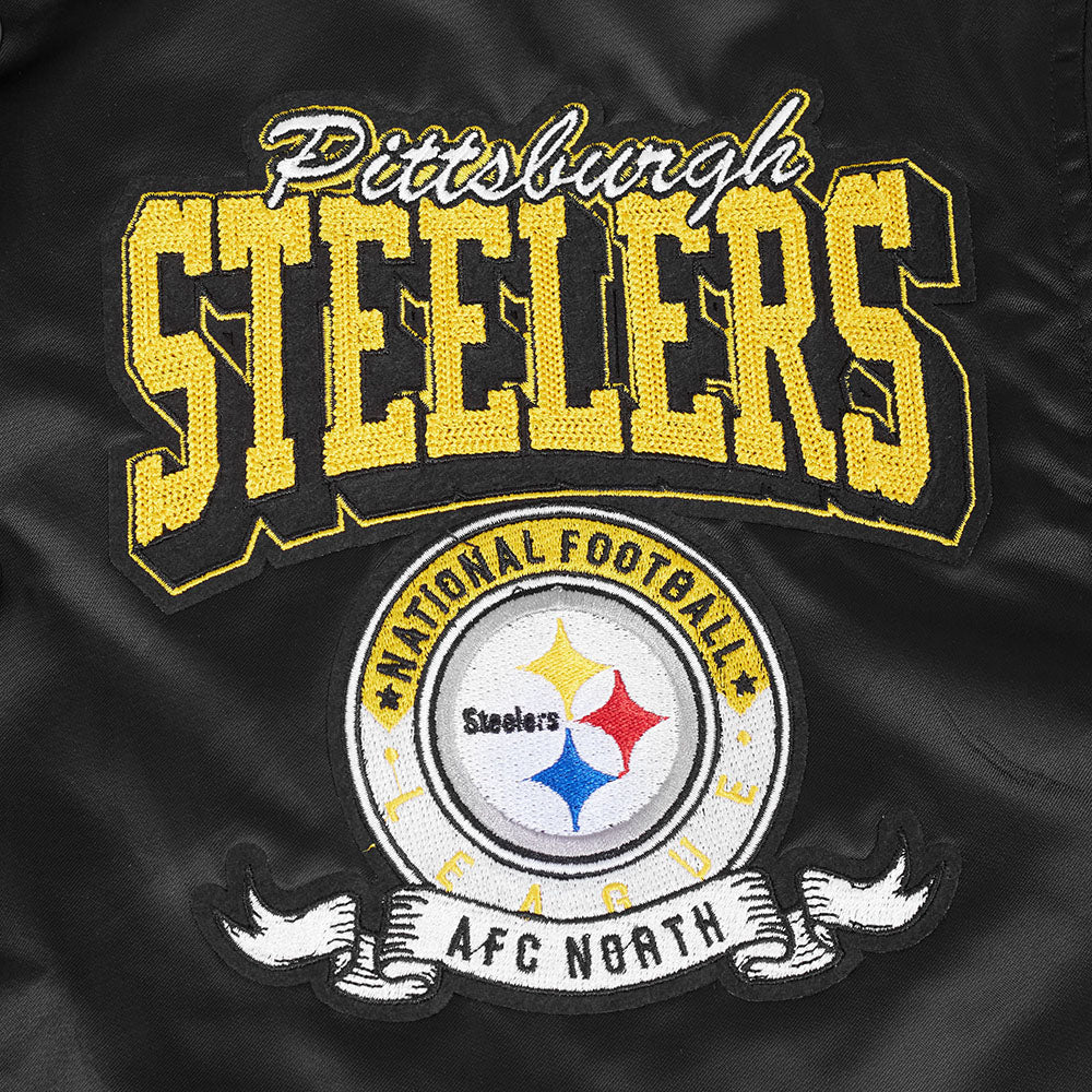 NFL PITTSBURGH STEELERS TEAM BADGE BLOUSON EN SATIN À BORDS CÔTELÉS POUR HOMME (NOIR/JAUNE)