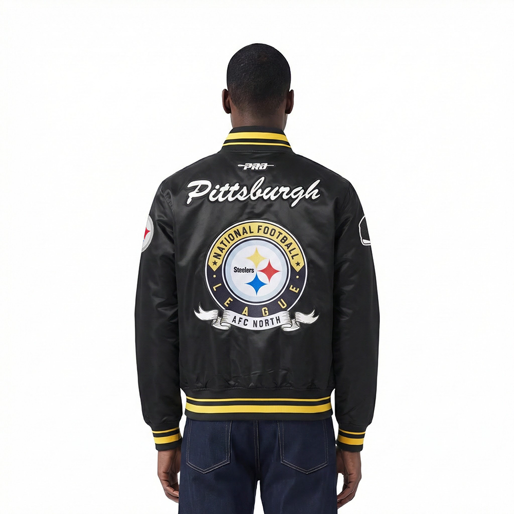 NFL PITTSBURGH STEELERS TEAM BADGE BLOUSON EN SATIN À BORDS CÔTELÉS POUR HOMME (NOIR/JAUNE)