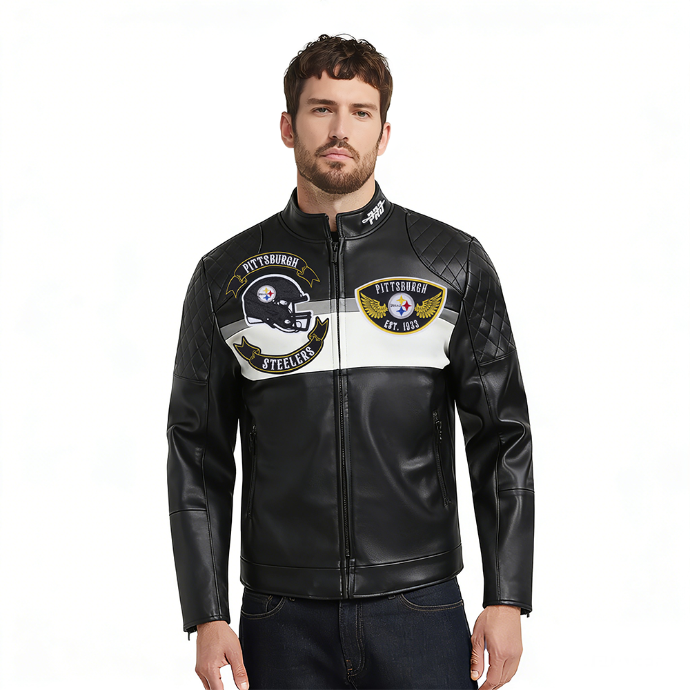 NFL PITTSBURGH STEELERS BORN FOR SPORT MEN'S MOTO JACKET (BLACK/WHITE)