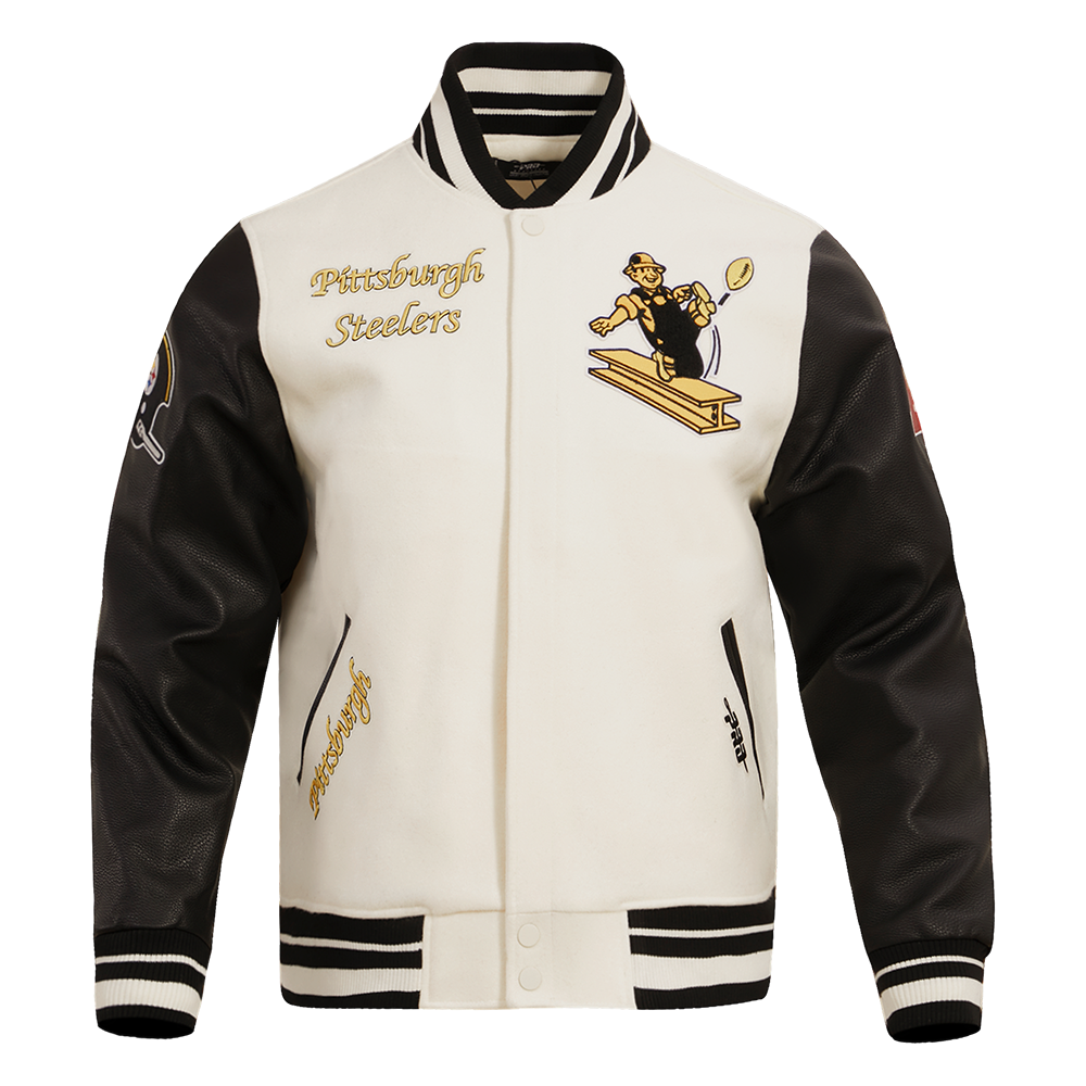 NFL PITTSBURGH STEELERS RETRO CLASSIC MEN'S RIB WOOL VARSITY JACKET (EGGSHELL/ BLACK)