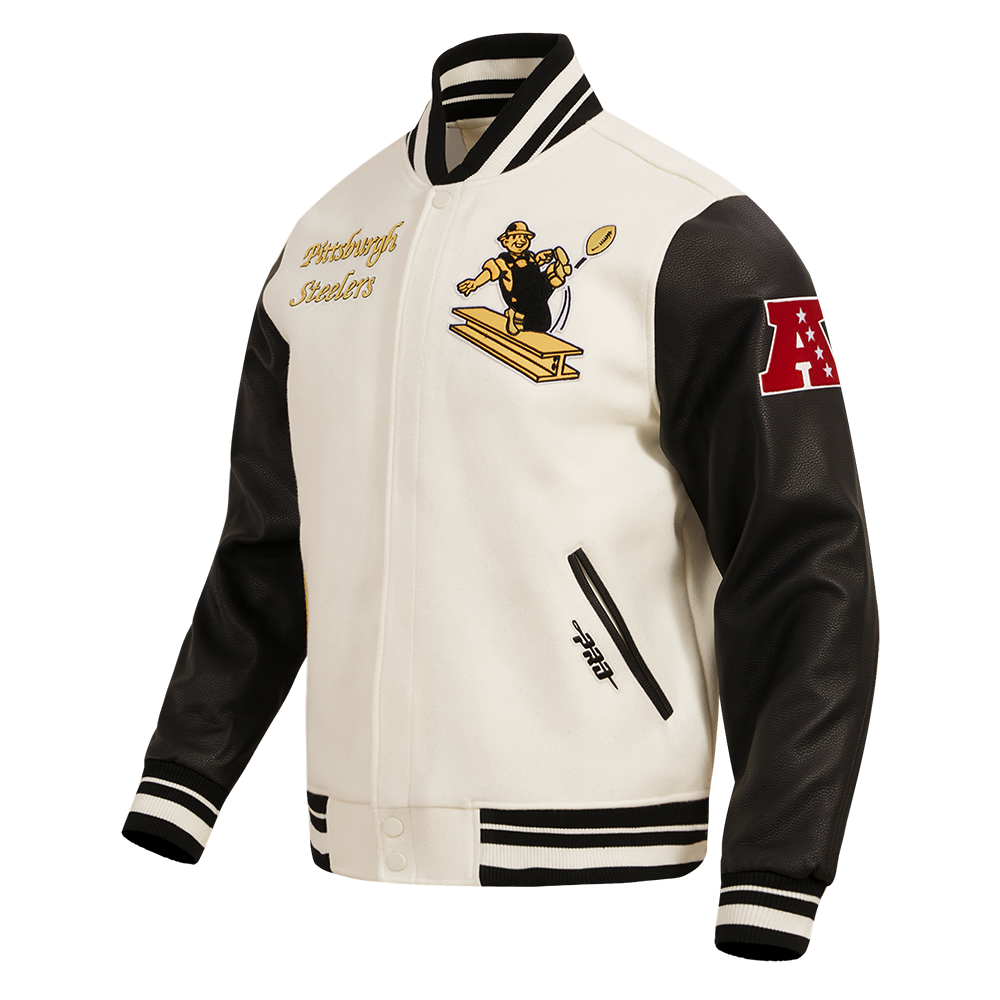 NFL PITTSBURGH STEELERS RETRO CLASSIC MEN'S RIB WOOL VARSITY JACKET (EGGSHELL/ BLACK)