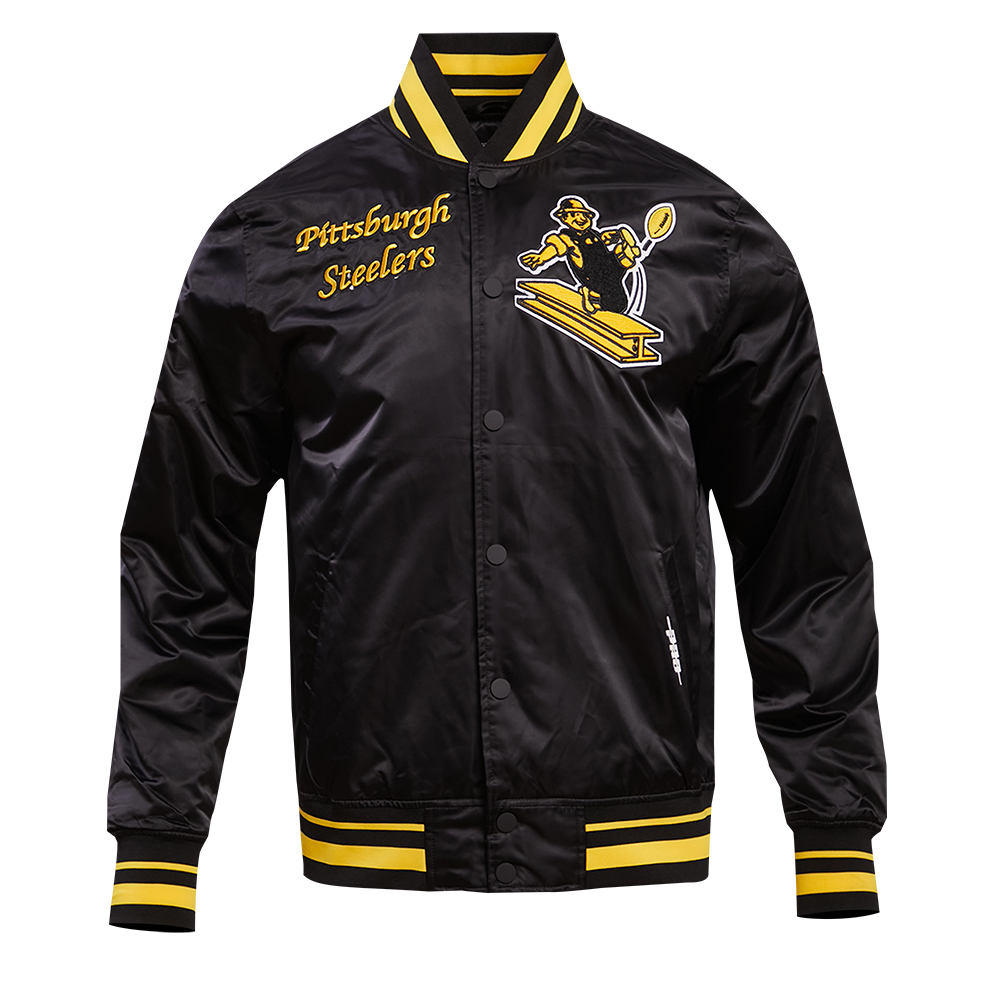 NFL PITTSBURGH STEELERS RETRO CLASSIC BLOUSON EN SATIN À BORDS CÔTELÉS POUR HOMME (NOIR/JAUNE)