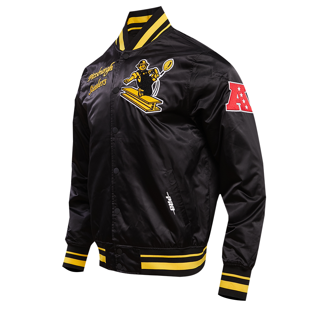 NFL PITTSBURGH STEELERS RETRO CLASSIC BLOUSON EN SATIN À BORDS CÔTELÉS POUR HOMME (NOIR/JAUNE)