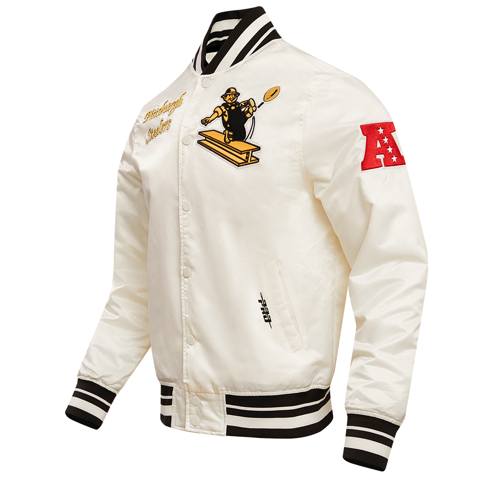 NFL PITTSBURGH STEELERS RETRO CLASSIC MEN'S RIB SATIN JACKET (EGGSHELL/ BLACK)