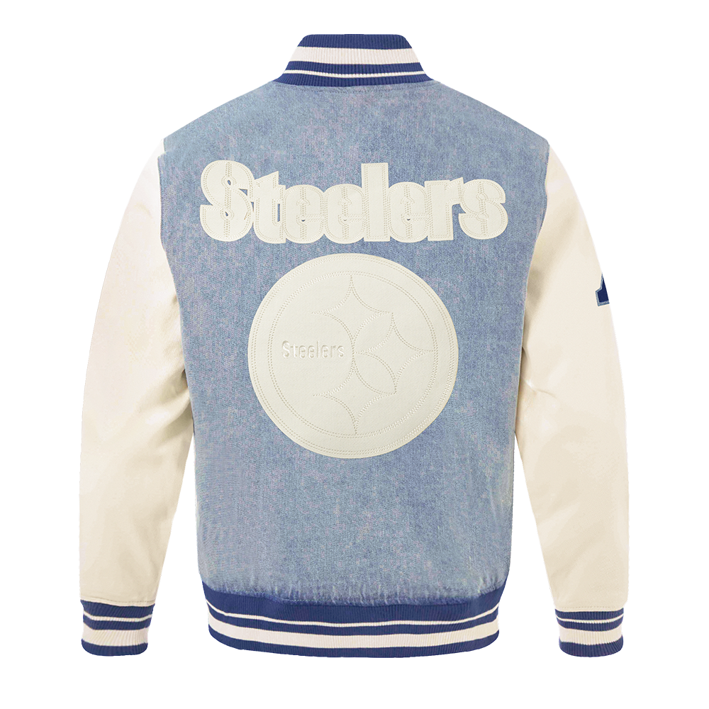 NFL PITTSBURGH STEELERS VARSITY BLUES MEN'S DENIM VARSITY JACKET (DENIM/LINEN)