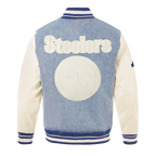 NFL PITTSBURGH STEELERS VARSITY BLUES MEN'S DENIM VARSITY JACKET (DENIM/LINEN)