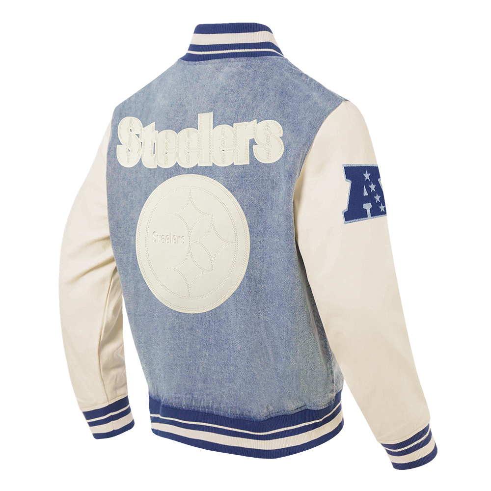 NFL PITTSBURGH STEELERS VARSITY BLUES MEN'S DENIM VARSITY JACKET (DENIM/LINEN)