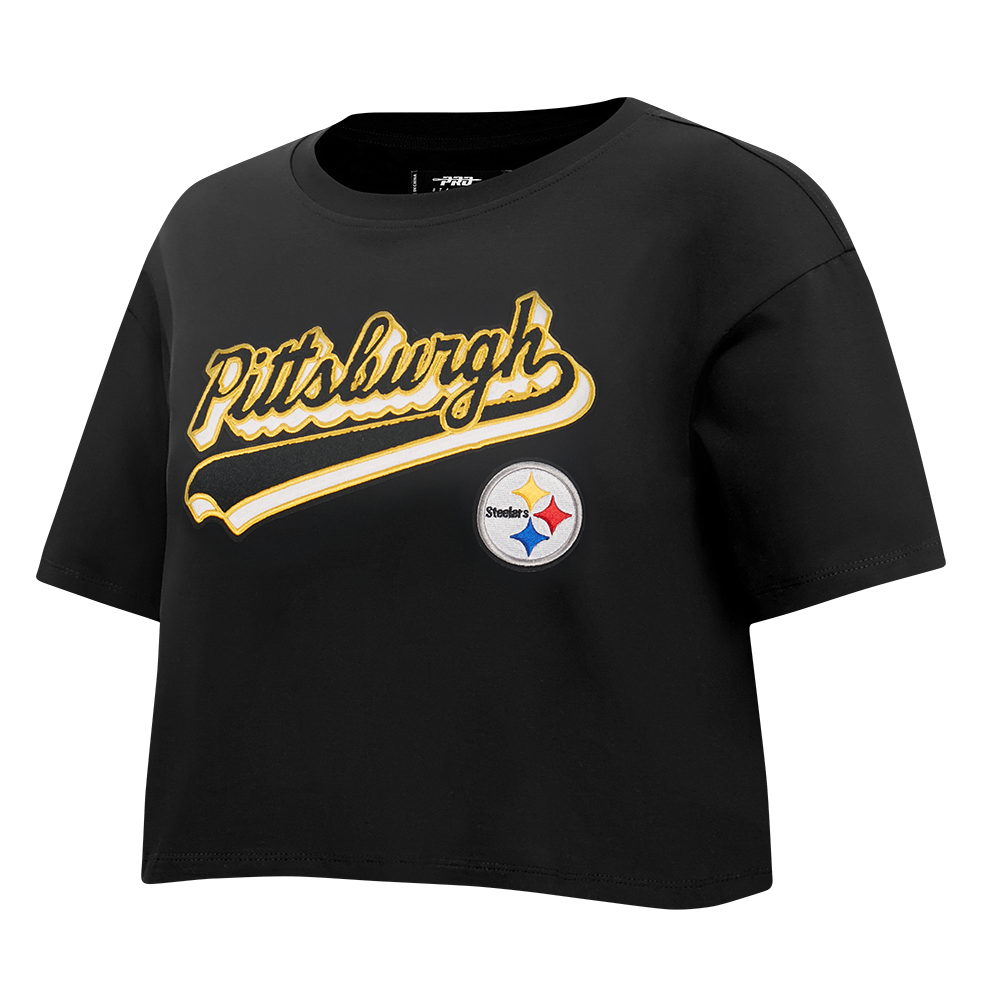 NFL PITTSBURGH STEELERS SCRIPT TAIL WOMEN'S SJ BOXY TEE (BLACK)